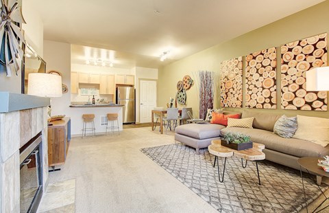 a living room with a couch and a table